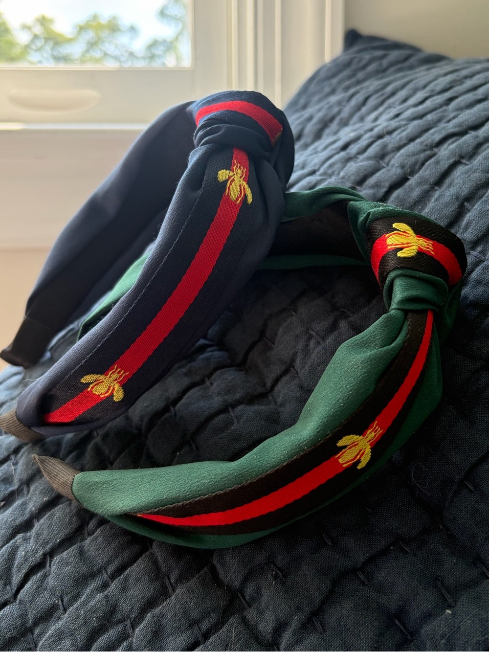 Striped Knot Headbands with Bee Embroidery - Green & Navy